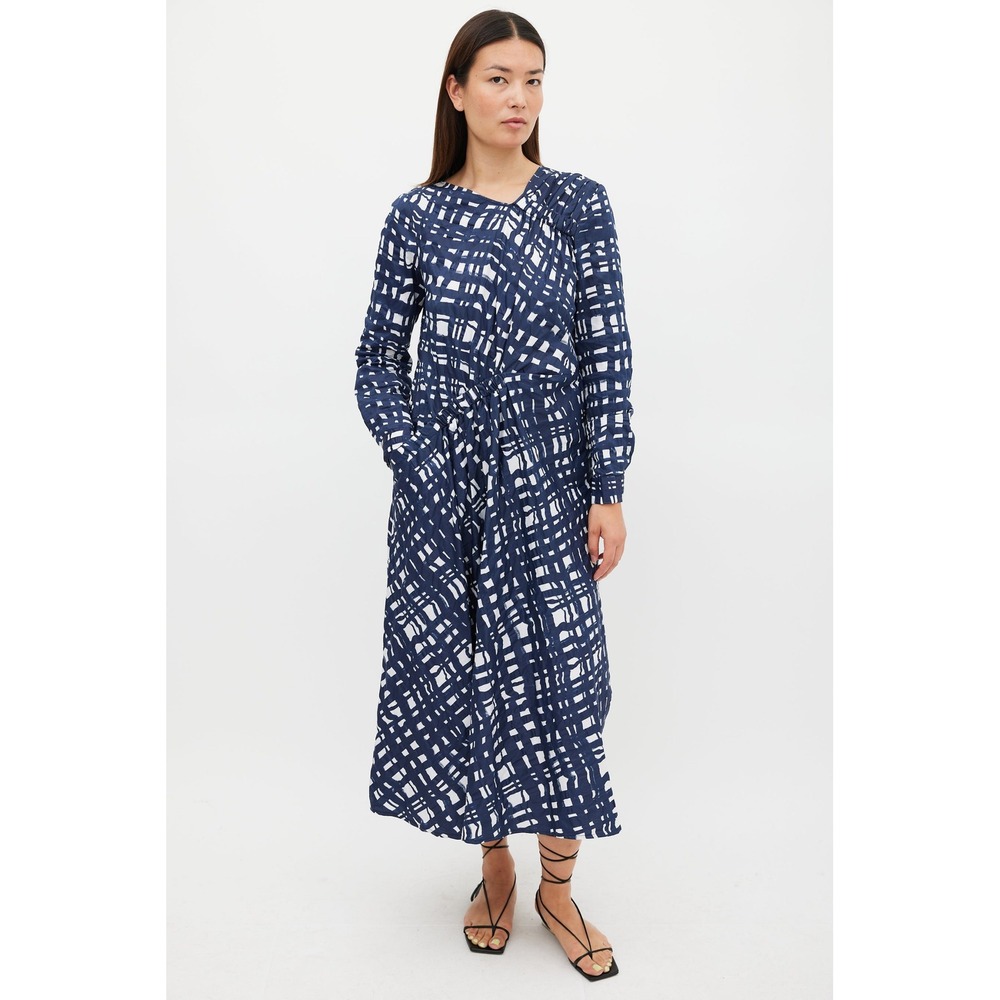 Rachel Comey Navy White Abstract Grid Cotton Midi Dress Long Sleeve Size 4